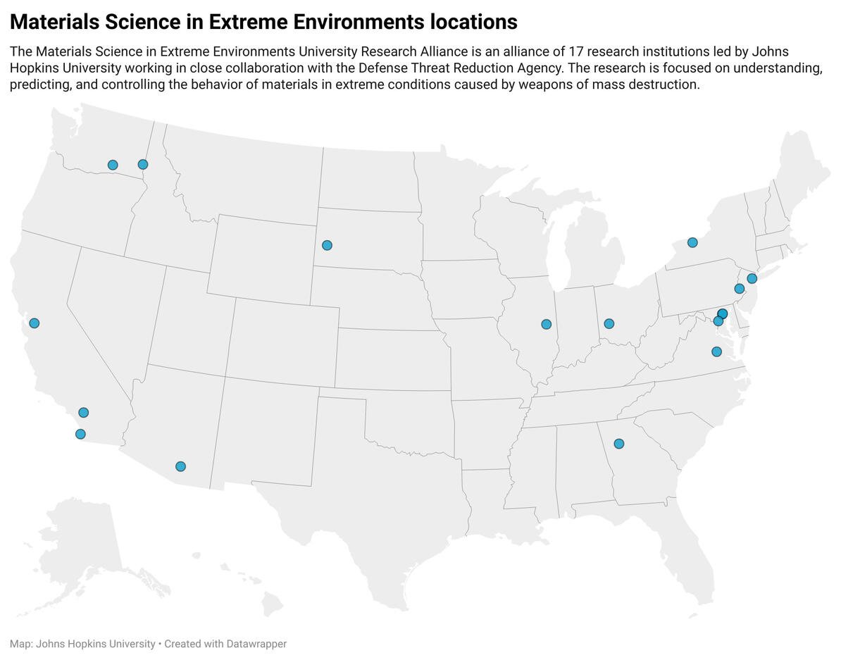 A map illustration showing the 17 locations for the Materials Science in Extreme Environments University Research Alliance