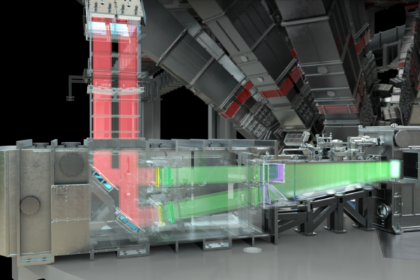 Diagram showing the scale and layout of the National Ignition Facility's Direct Laser Impulse (NIF DLI)