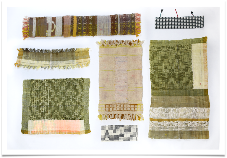 collection of fiber art featuring woven swatches with intricate geometric patterns