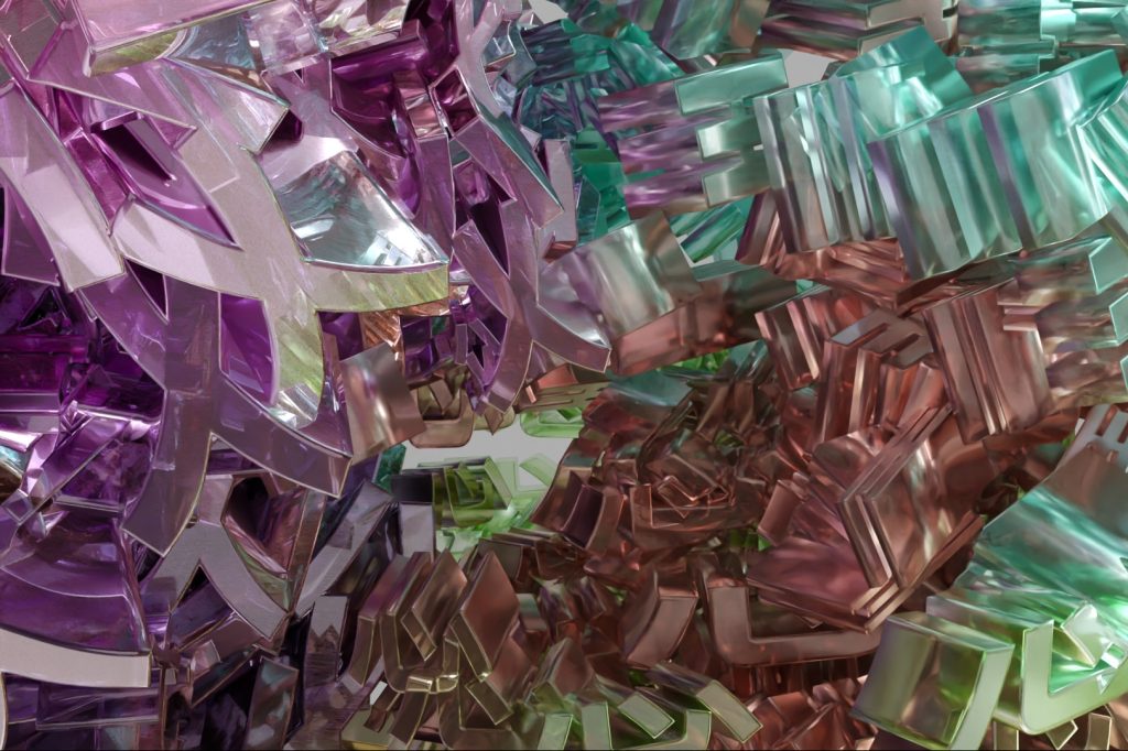 A 3-dimensional art piece made of computer-generated "crystals." The crystals take the form of Chinese characters and are in pastel hues: green, blue, pink, and purple. The characters shine and reflect off of each other.