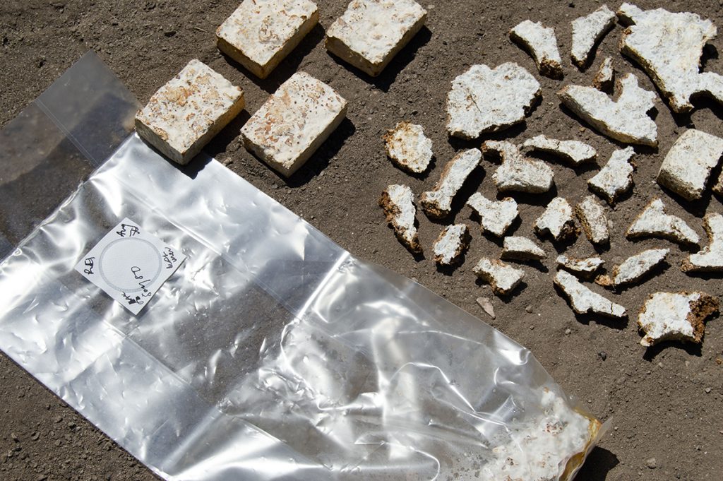 White and beige mottled bricks lie on a patch of dirt, arranged geometrically next to a plastic grow bag containing substrate inoculated with fungi.