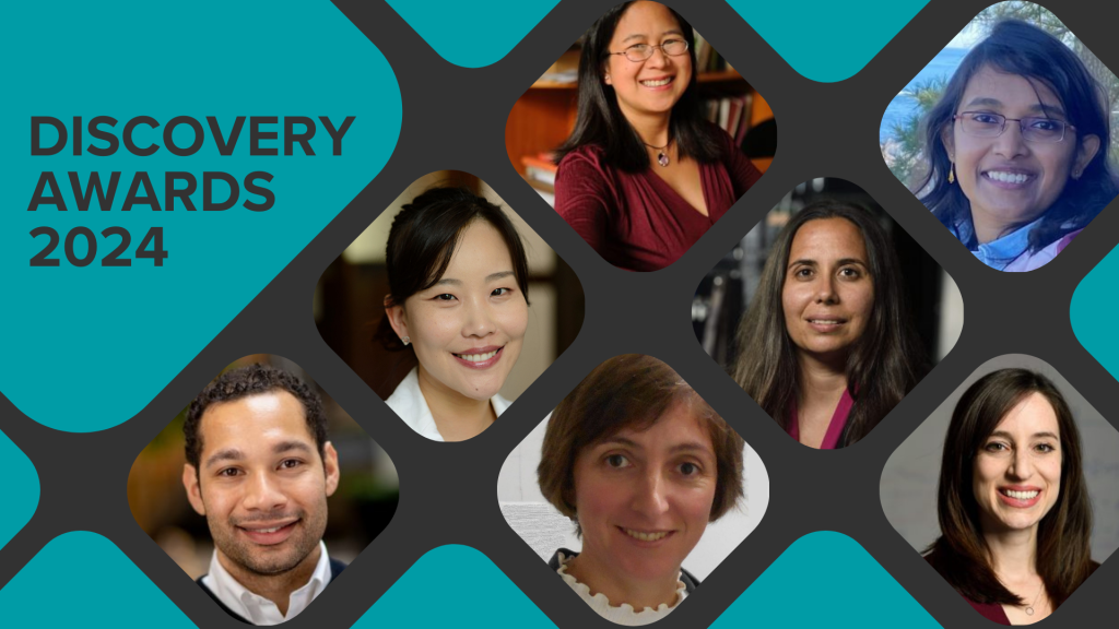 Headshots of Vicky Nguyen, Somdatta Goswami, Claire Hur, Rebecca Schulman, Shoji Hall, Natalia Drichko, and Claire Hur. Text: Discovery Awards 2024