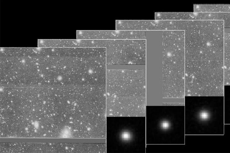Set of Hyper Suprime-Cam i-band exposures showing different levels of atmospheric blur and noise across multiple astronomical images. The bottom-right panels display the corresponding point-spread functions used for image restoration, while gray bands indicate chip gaps where data are missing.