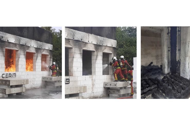 One of the 20 full-scale fire tests completed by the team served to investigate the effect of firefighter intervention on the structural behavior of timber columns.